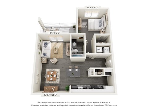 Floor plan for 1 bed, 1 bath, 733 sqft